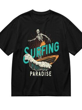 Surfing Paradise Skeleton Graphic Tee - Black with Teal & Orange